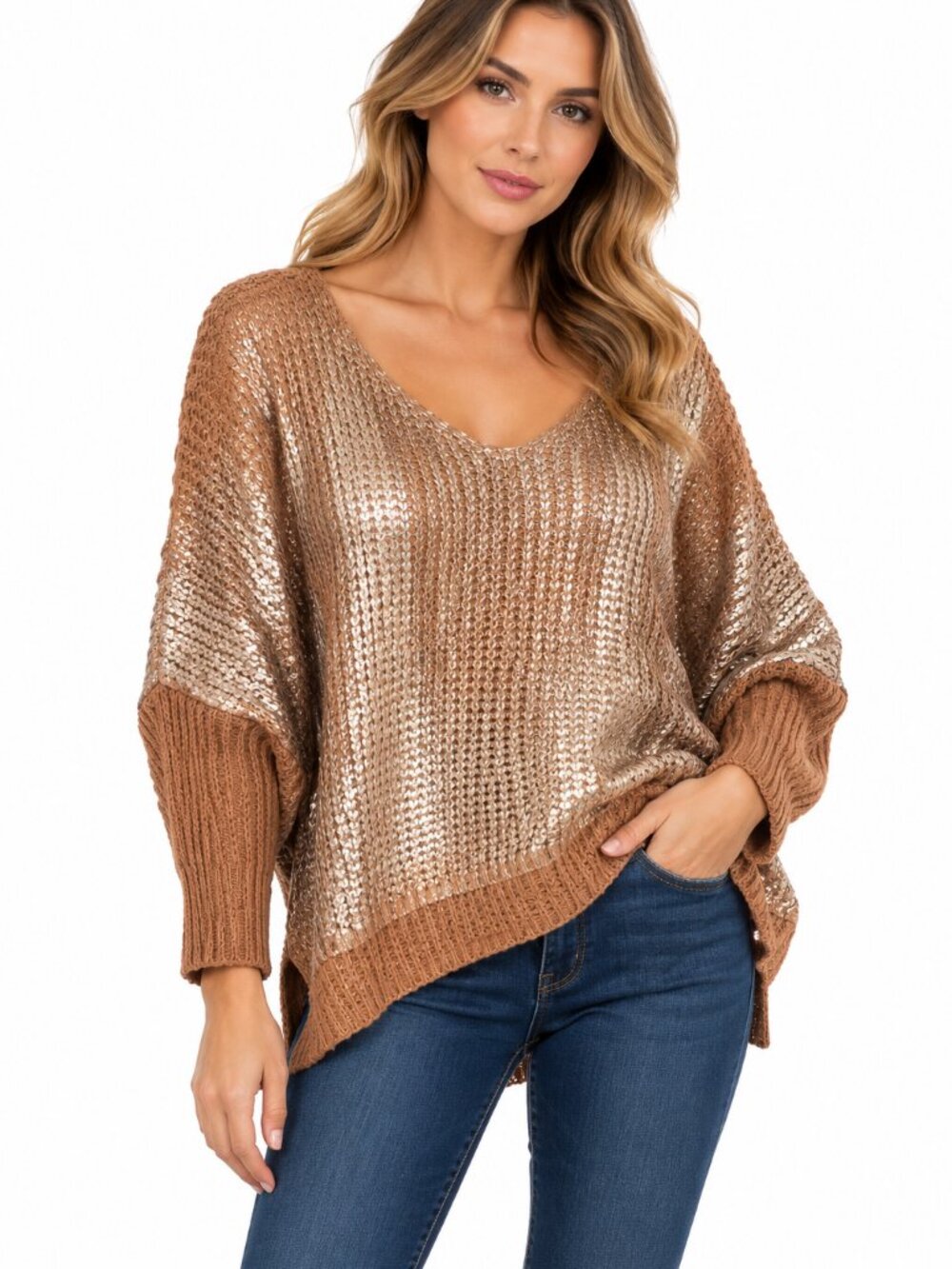 Angela Mara Made in Italy Metallic Bronze Oversized Knit Sweater L/XL